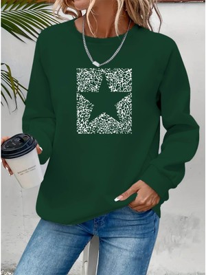 Yeşil Sarmaşık Kadın Uzun Kollu Bisiklet Yaka Desenli Viskon Iki Iplik Bluz