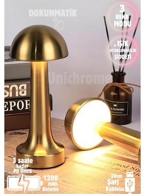 Normadia Metal Dokunmatik Mantar Masa Lambası, 3 Renkli, Şarjlı, Gold