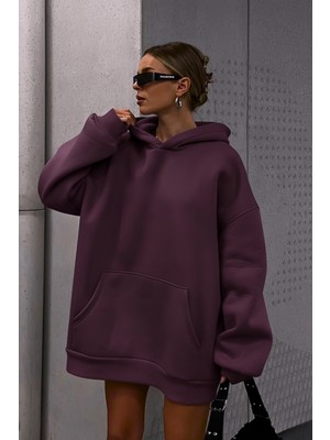 Guaraz Unısex Mürdüm Yumuşacık Kumaşlı Oversize Fit Ici Polarlı Kapüşonlu Sweatshirt Hoodie