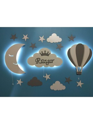 Normadia Ahşap Çocuk Odası Ay, Bulut ve Balon Tasarımlı LED Gece Lambası