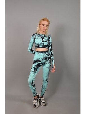 gymphoenix Mıamı Mavi Batik Uzun Kol Crop Tayt Takım
