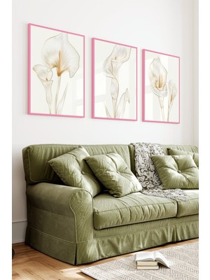 KutuTR Pembe Renkli Ahşap Çerçeveli 2duv Baskı 3’lü Mdf Tablo–minimal Çiçek Temalı-Pembe CRV1139