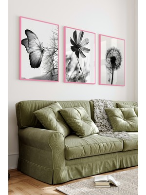 KutuTR Pembe Renkli Ahşap Çerçeveli 2duv Baskı 3’lü Mdf Tablo-Kelebek ve Karahindiba Temalı-Pembe CRV1060