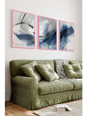 KutuTR Pembe Renkli Ahşap Çerçeveli 2duv Baskı 3’lü Mdf Tablo-Mavi Altın Tonlu Soyut Desenli-Pembe CRV1056