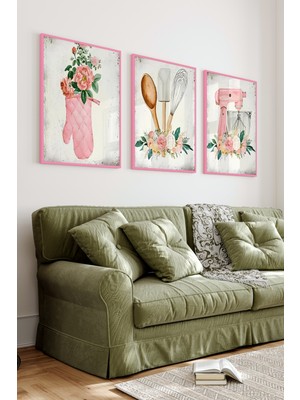 KutuTR Pembe Renkli Ahşap Çerçeveli 2duv Baskı 3’lü Mdf Tablo-Mikser ve Mutfak Gereçleri-Pembe CRV1049