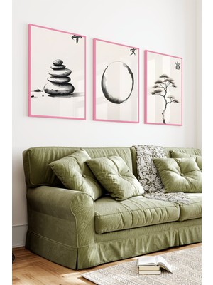 KutuTR Pembe Renkli Ahşap Çerçeveli 2duv Baskı 3’lü Mdf Tablo–zen Taş ve Ağaç Temalı-Pembe CRV1106