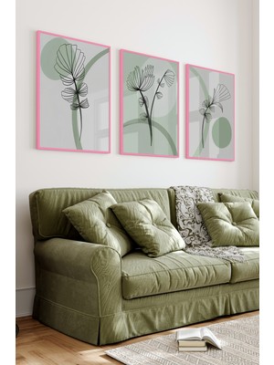 KutuTR Pembe Renkli Ahşap Çerçeveli 2duv Baskı 3’lü Mdf Tablo-Çizgisel Çiçek, Geometrik Desen-Pembe CRV1031