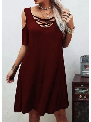 Yeşil Sarmaşık Dekolteli Bağcık Detay Viskon Kumaş Elbise