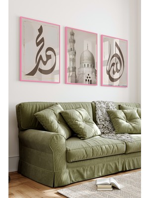 KutuTR Pembe Renk Ahşap Çerçeveli 2duv Baskı 3’lü Mdf Tablo–pastel Tonlu Arapça Hat-Pembe CRV1230