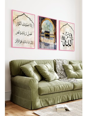 KutuTR Pembe Ahşap Çerçeveli 2duv Baskı 3’lü Mdf Tablo–islami Hat ve Kâbe Görselli-Pembe CRV1191