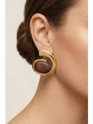 Osha Aksesuar Kadın Gold Küpe - Bohem Stil El Yapımı Ahşap Detaylı Aksesuar