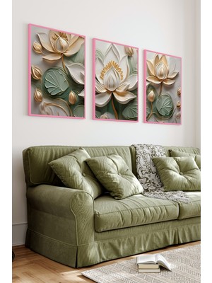 KutuTR Pembe Renkli Ahşap Çerçeveli 2duv Baskı 3’lü Mdf Tablo-Modern Lotus Çiçek Deseni-Pembe CRV1029