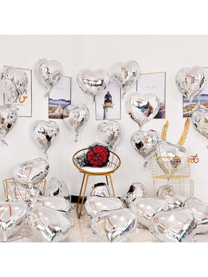 EkoAlışverişDünyam Metalize Parlak Gümüş Kalp Şekilli Uçan Balon Folyo 18 Inç 45 cm 10 Adet