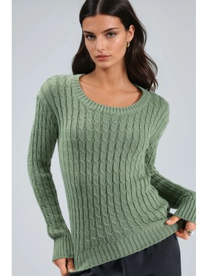 Hiccup Kadın My Fashıon Kayık Yaka Saç Örgü Triko Kazak Adaçayı Yeşili