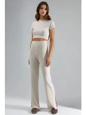 Hiccup Kadın My Fashıon Yüksek Bel Triko Yırtmaçlı Geniş Paça Pantolon Natural