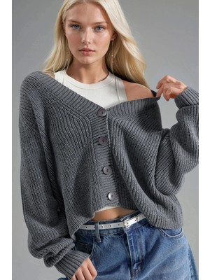 Hiccup Kadın My Fashıon Fitilli Örgü Düğmeli Kısa Hırka Koyu Gri