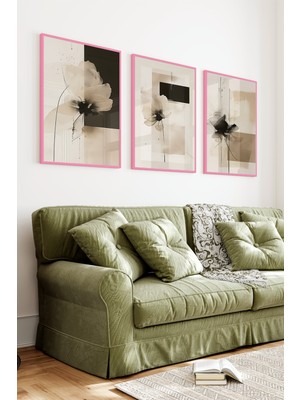 KutuTR Pembe Renkli Ahşap Çerçeveli 2duv Baskı 3’lü Mdf Tablo–bej Tonda Minimal Kompozisyon-Pembe CRV1173