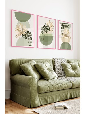KutuTR Pembe Renkli Ahşap Çerçeveli 2duv Baskı 3’lü Mdf Tablo–botanik ve Geometrik Formlu-Pembe CRV1153