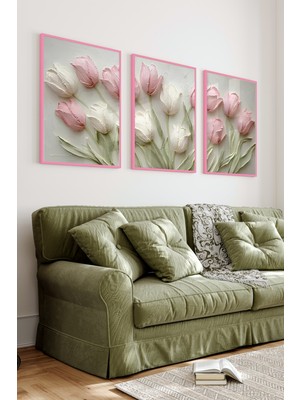 KutuTR Pembe Renkli Ahşap Çerçeveli 2duv Baskı 3’lü Mdf Tablo-Pembe ve Krem Lale Temalı-Pembe CRV1025