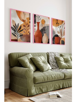 KutuTR Pembe Renkli Ahşap Çerçeveli 2duv Baskı 3’lü Mdf Tablo-Toprak ve Tarçın Tonlarında-Pembe CRV1061