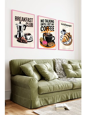 KutuTR Pembe Renkli Ahşap Çerçeveli 2duv Baskı 3’lü Mdf Tablo-Coffee Quote, Croissant Desenli-Pembe CRV1019