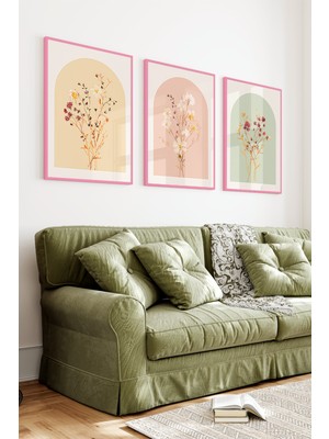 KutuTR Pembe Renkli Ahşap Çerçeveli 2duv Baskı 3’lü Mdf Tablo–minimal Çiçek Desenli-Pembe CRV1162