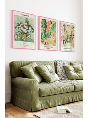 KutuTR Pembe Renkli Ahşap Çerçeveli 2duv Baskı 3’lü Mdf Tablo–gogh,matisse, Maurice Utrillo-Pembe CRV1159