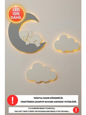 Normadia 3'lü Bulut ve Ay LED Gece Lambası Seti, Çocuk Odası Duvar Dekoru