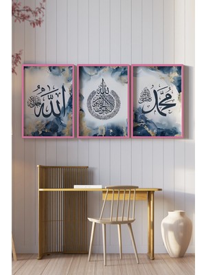 KutuTR Pembe Renkli Ahşap Çerçeveli 2duv Baskı 3’lü Mdf Tablo-Allah Muhammed Yazılı Hat-Pembe CRV1068