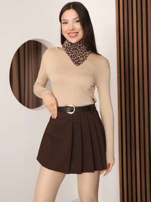 Celiora Style Pileli Mini Şort Etek – Yüksek Bel, Deri Kemerli, Şık ve Rahat Kesim