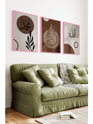 KutuTR Pembe Ahşap Çerçeveli 2duv Baskı 3’lü Mdf Tablo–islami Modern Tasarım-Pembe CRV1200