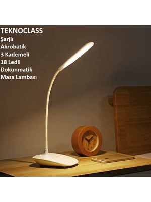Normadia Şarjlı Masa Lambası, 3 Kademeli, 18 Led, Dokunmatik, Beyaz Işık, Çalışma Işığı