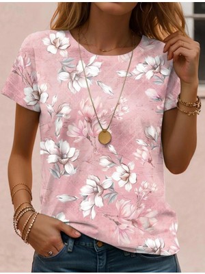 Queene Dreams Kadın Kısa Kollu Bisiklet Yaka Çiçek Desenli Viskon Bluz