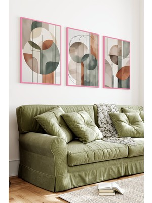 KutuTR Pembe Renk Ahşap Çerçeveli 2duv Baskı 3’lü Mdf Tablo–modern Daire Form-Pembe CRV1256