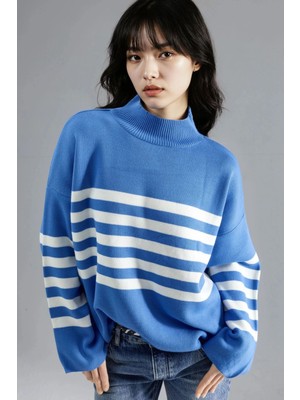 Hiccup Kadın My Fashıon Büyük Beden Çizgili Balıkçı Yaka Kazak Gök Mavisi