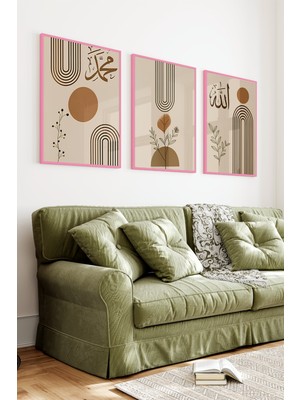 KutuTR Pembe Renkli Ahşap Çerçeveli 2duv Baskı 3’lü Mdf Tablo-Allah Muhammed Yazılı-Pembe CRV1071