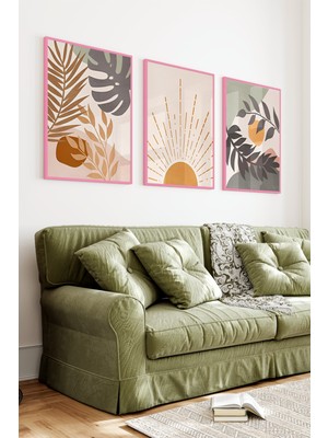 KutuTR Pembe Renkli Ahşap Çerçeveli 2duv Baskı 3’lü Mdf Tablo–yaprak Figürlü Modern Doğa-Pembe CRV1138