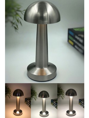 Normadia Dekoratif Metal Gümüş Mantar Masa Lambası, Kablosuz, Led, 5V, 3 Renk