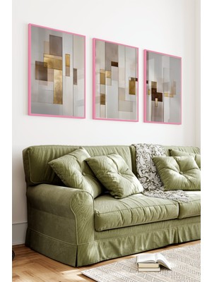 KutuTR Pembe Renk Ahşap Çerçeveli 2duv Baskı 3’lü Mdf Tablo–minimal Geometrik Soyut Desen-Pembe CRV1255