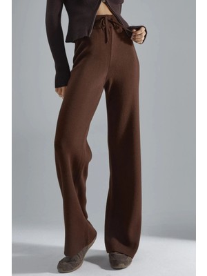 Hiccup Kadın My Fashıon Yüksek Bel Geniş Paçalı Bağcık Detaylı Örme Pantolon Koyu Mocha Kahve