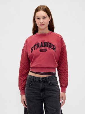 Gap Kadın Kırmızı Stranger Things Yastıklı Kol Logolu Sweatshirt