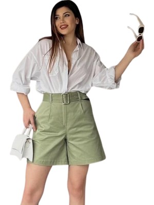 SARVONA Rahat Kesim Kemerli Mom Şort - Haki̇