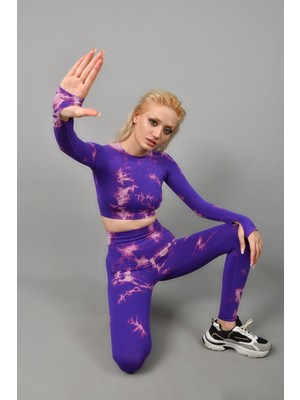 gymphoenix Mıamı Mor Batik Uzun Kol Crop Tayt Takım