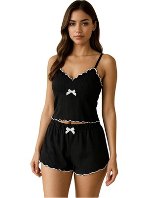 SARVONA Kurdele Detaylı Şortlu Siyah Pijama Takımı