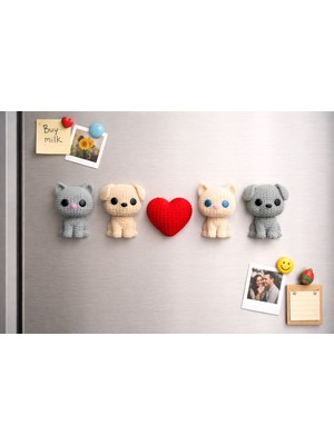 Nana Art Sevimli Kedi & Köpek Figürlü Kalpli Magnet Seti (5’li)