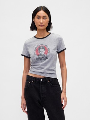 Gap Kadın Gri Stranger Things Organik Pamuk Vintagesoft Crop T-Shirt