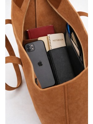 Kadın Süet Görünümlü Omuz Çantası, Büyük Boy Günlük Tote