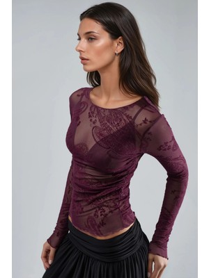 Hiccup Kadın BUSEM Vücuda Oturan Uzun Kollu Flok Baskı Tül Bluz Leylak Moru