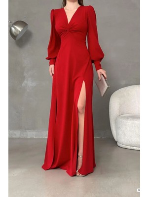 Ezraa Kırmızı Askılı Yırtmaçlı Düz Elbise