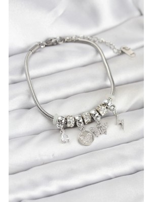 Moresun Buğz Pirinç Gümüş Renk Kelebek Charmlı Kadın Bileklik